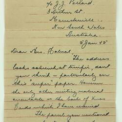Letter & Envelope - Leo James Pollard, to Margaret Malval, Thank You & Description of Christmas, 5 Jan 1945