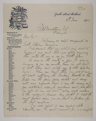 Letters - R. H. Martin, to H. V. McKay, Business in South Africa,  5 Jun 1901