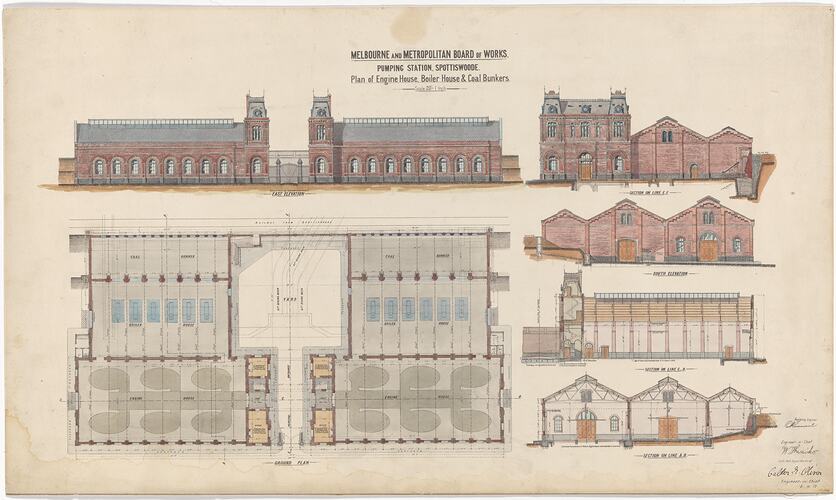 Architectural Drawing - Elevation, Plan & Cross-Section of Buildings, MMBW Spotswood Sewerage Pumping Station, 3 Oct 1917