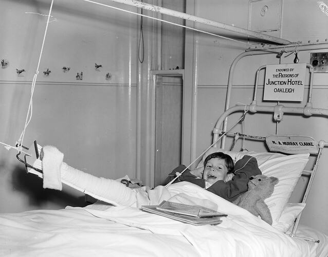 Boy in Hospital Bed, Royal Children's Hospital, Melbourne, Victoria, Sep 1955