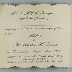 Card - Wedding Invitation, Mabel Keegan and Bertie H Boase, Brunswick, 16 August 1911