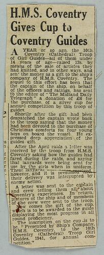 News clipping - Coventry Girl Guides Award, England, 1941