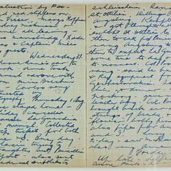 Open book, 2 cream pages with faint grid pattern. Cursive handwritten text in blue ink. Page 48 and 49.