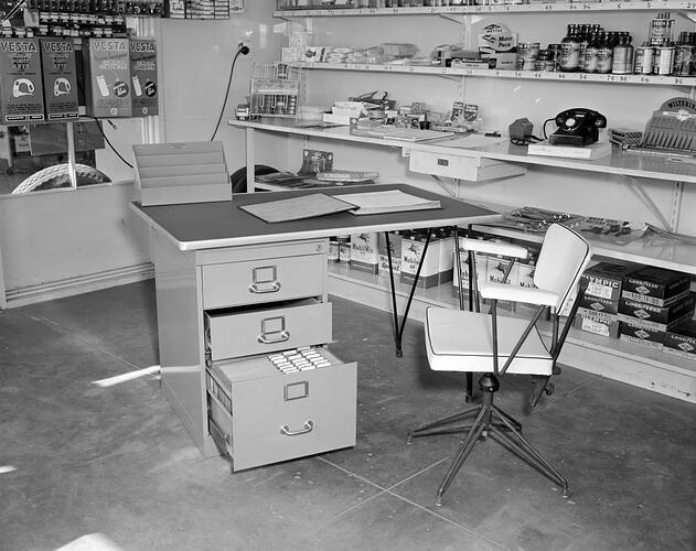 J.H. Valley Service Station, Interior with Desk and Chair, Victoria, 15 Apr 1959