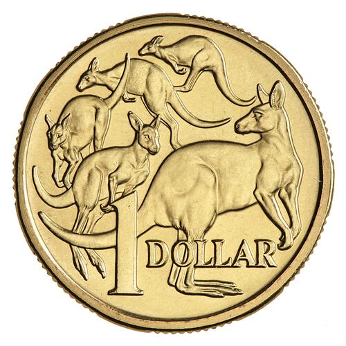 Round gold coin with kangaroos.