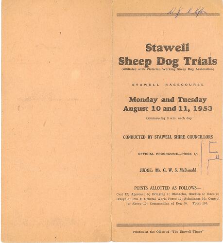 Program - 'Sheep Dog Trials', Stawell, 1953