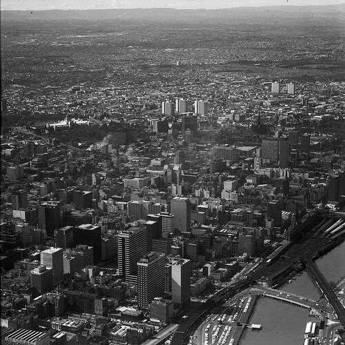 Monochrome aerial photograph of Melbourne.