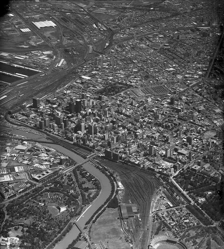 Monochrome aerial photograph of Melbourne.