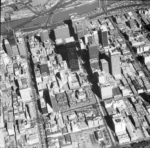 Monochrome aerial photograph of Melbourne.