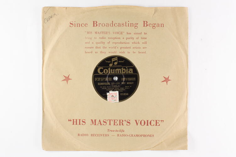 Disc Recording - Columbia, Double-Sided, 'Sunnyside Up - Fox Trot Medley' Part 1 and Part 2, Date Unknown