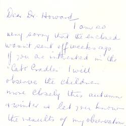 Letter - Joan Browning, to Dorothy Howard, Descriptions of String Games, 10 Feb 1955