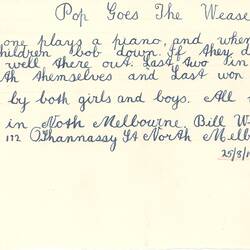 Document - Bill Whitehouse, Addressed to Dorothy Howard, Description of Elimination Game 'Pop Goes the Weasel', 25 Aug 1954