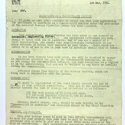 Letter - Notification of Assisted Migration Passage Scheme Acceptance, Stanley Hathaway, Commonwealth of Australia,  Australia House London, 4 May 1951