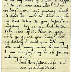 Off white page with handwritten text in black ink. Page 6.