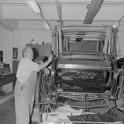 Copy Negative - Tom Baird Restoring State Coach ('Square Landau') at the Science Museum, Melbourne, 1971