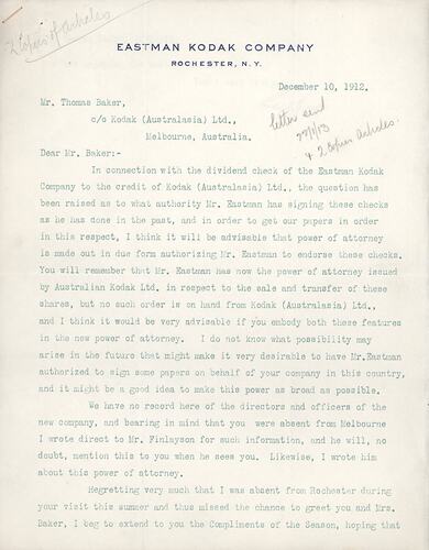 Letter - Rudolph Speth to Thomas Baker, 10 Dec 1912
