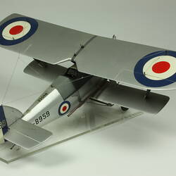 Silver model biplane model with red, white, blue rondels on wings and fuselage. Back view.