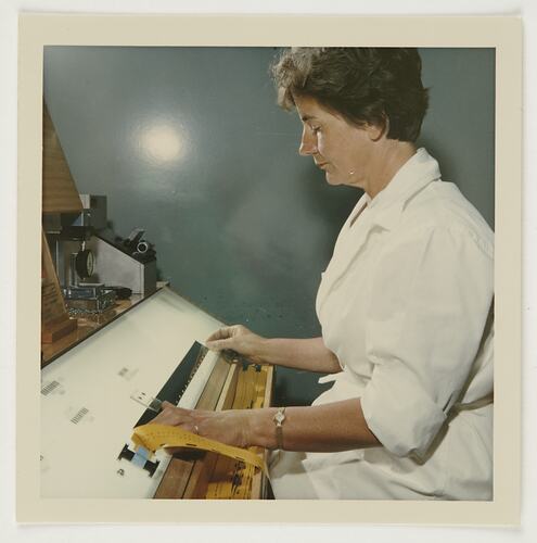 Slide 156, 'Extra Prints of Coburg Lecture', Worker Checking 126 Film, Kodak Factory, Coburg, circa 1960s