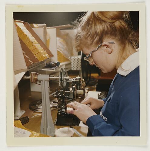 Slide 248E, 'Extra Prints of Coburg Lecture', Worker Splicing Film, Building 20, Kodak Factory, Coburg, circa 1960s