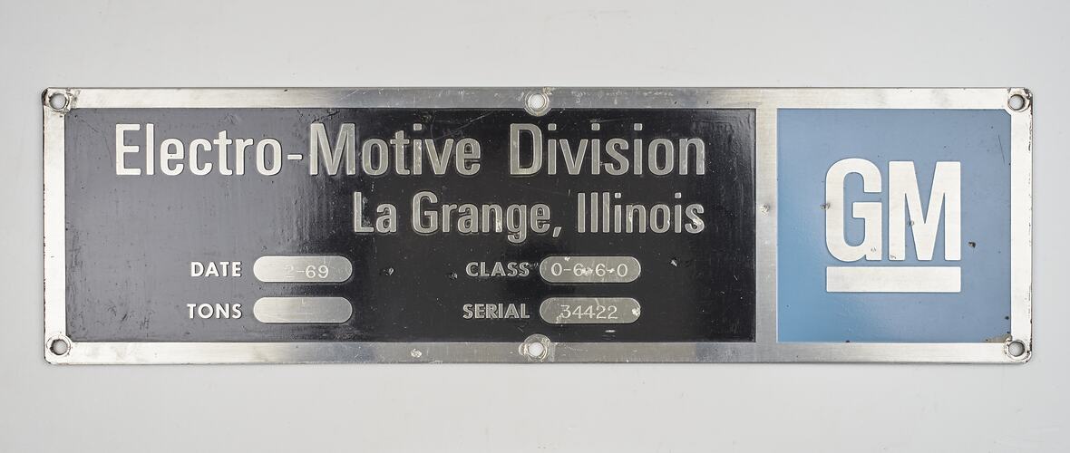 Locomotive Builders Plate - General Motors, Electro-Motive Division, Illinois, USA, 1969