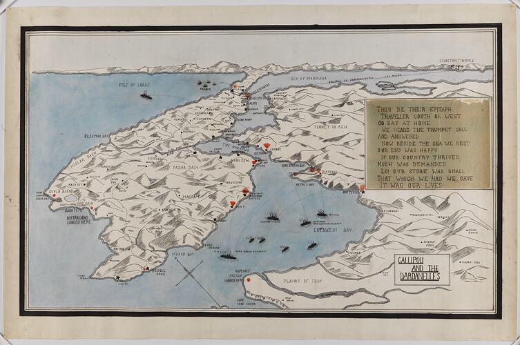 Hand-drawn and coloured map of Gallipoli and the Dardanelles with handwritten text.