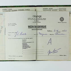 Certificate - Vaccination, Jan Roos, Sydney, Australia, 4 Sep1943