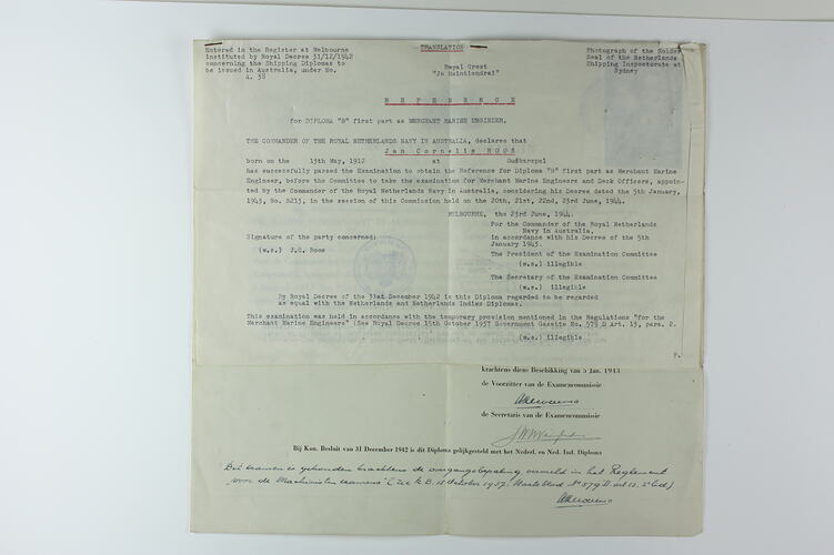 Reference - Diploma 'B'  Merchant Marine Engineer, Melbourne, 23 Jun 1944