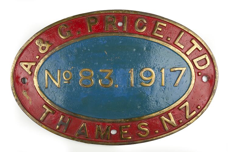 Locomotive Builders Plate - A & G Price Ltd, Thames, New Zealand, 1917