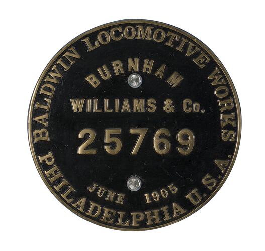 Locomotive Builders Plate - Burnham, Williams & Co., Baldwin Locomotive Works, Philadelphia, USA, 1905