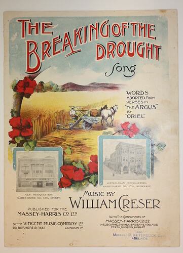Front cover, horse-drawn farming equipment in golden field. Text around.