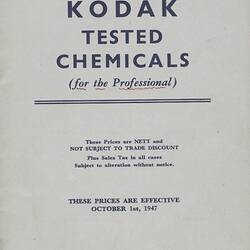 Price List - Kodak Australasia Pty Ltd, 'Kodak Tested Chemicals (for the Professional)', Oct 1947