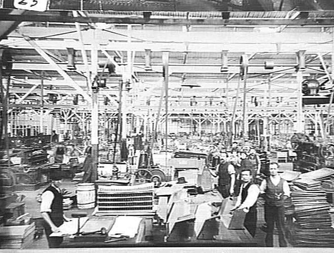 SHEET IRON DEPT. SUNSHINE HARVESTER WORKS. ACCORDING TO W. LYSAGHT, MORE SHEET IRON IS CUT UP HERE THAN ANY OTHER FACTORY IN THE WORLD