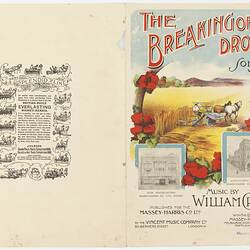 Double page, back and front cover. Printed text at left, colour illustration of farming scene at right.