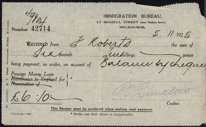 Receipt - Loan Repayment, Department of Lands and Survey, Immigration Bureau, Melbourne 18 Feb 1925