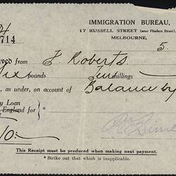 Receipt - Loan Repayment, Frederick Roberts, Department of Lands and Survey, Immigration Bureau, Melbourne 18 Feb 1925