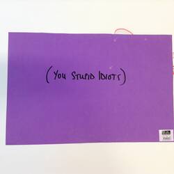 Purple poster with black text.