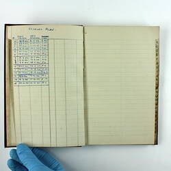 Open notebook with handwritten text in blue ink.