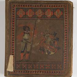 Brown scrapbook with red, black and gold print cover. Features armoured man with feathered cap beside crest.