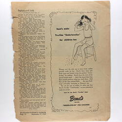 Printed page with advertisement depicting child.
