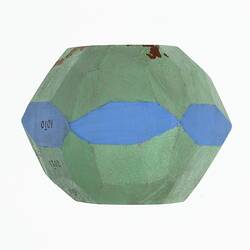 Wooden crystal model painted green and blue.