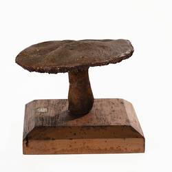 Model of a brown mushroom on a wooden base.