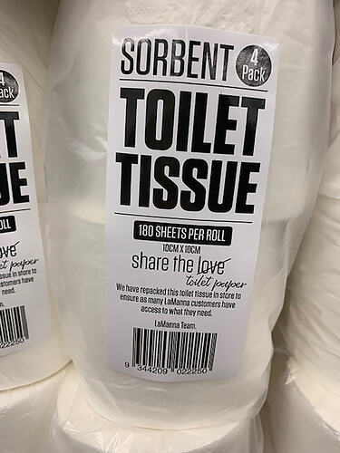 Sticker on Repackaged Toilet Paper, 'Share the Love/Toilet Paper', LaManna Supermarket, Essendon Fields, March 2020