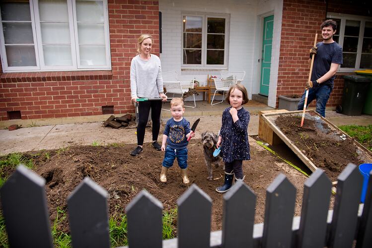 Family gardening at home during COVID-19 lockdowns, Preston, Victoria, 10 May 2020