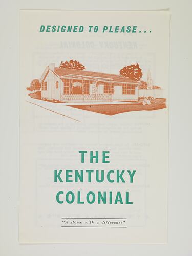 Brochure on white paper with orange, green and black printed text and house.