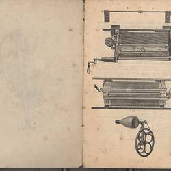 Open booklet with off-white pages and black printed diagrams on right.