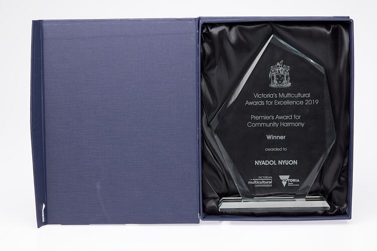 Pentagonal glass award in blue/black case.