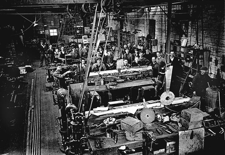Workers inside railways workshop, Melbourne, 1927.