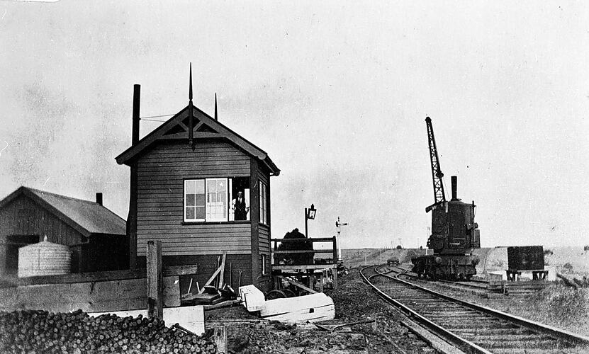 Signal box and steam crane, Geelong district, circa 1915.