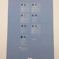 Pale blue poster back with printed football club flags and white text.