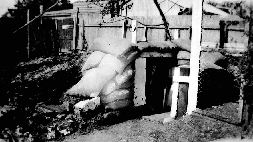 [A back yard air raid shelter, Essendon, 1942.]
